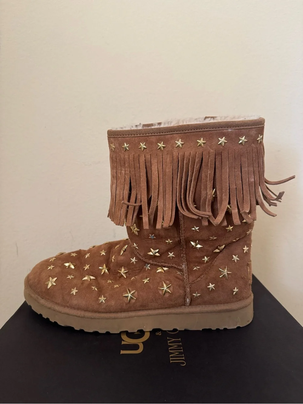 Ugg x Jimmy Choo Starlit Studded Boots Fringe Suede Chestnut US 11